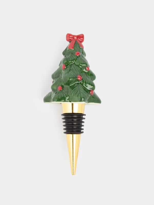 Wine bottle stopper, 12 cm, metal / ceramic, green, Spruce with bow, Christmas traditions, image-0