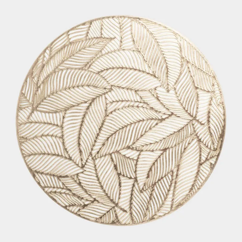 Placemat, 38 cm, PVC, round, golden, Leaves, Azhur Grid