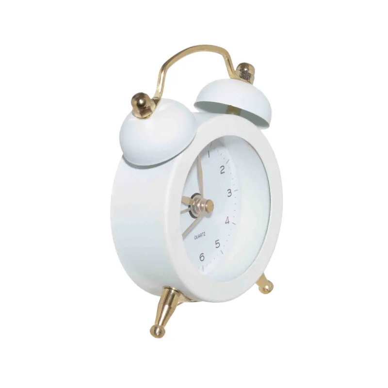 Alarm clock, 8 cm, on legs, metal / glass, round, white and gold, Retro, Dial, image-1