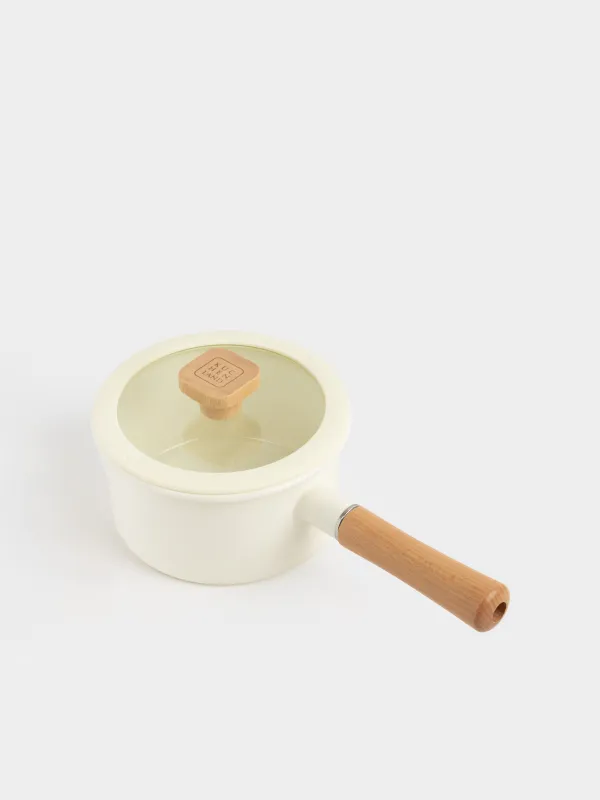 Saucepan, 16 cm, 1.6 l, with lid, enameled metal / wood, milky, Enamel wood, image-2