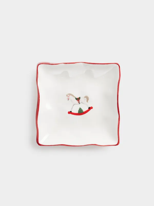 Dish, 15x15 cm, ceramic, square, Horse, Christmas tree, image-0