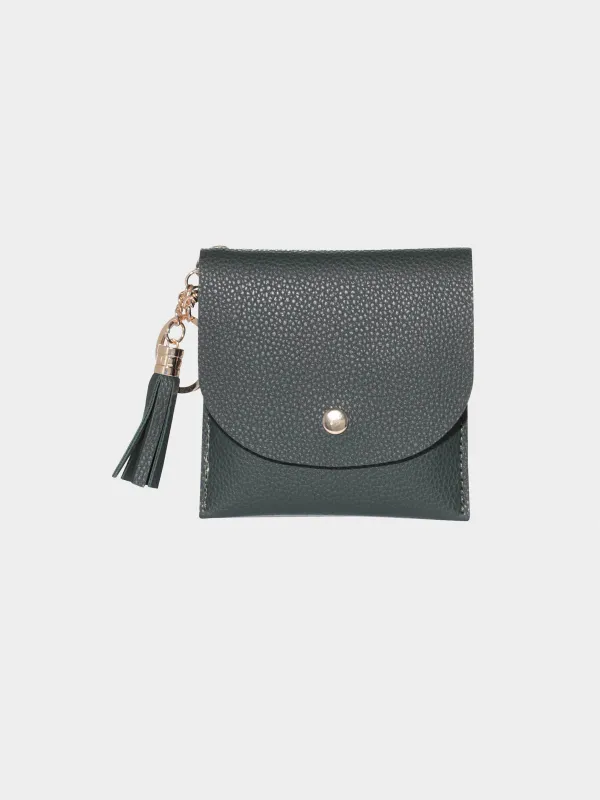 Women's wallet, 10x10 cm, with a button, with tassel, polyurethane, green, Memo, image-0
