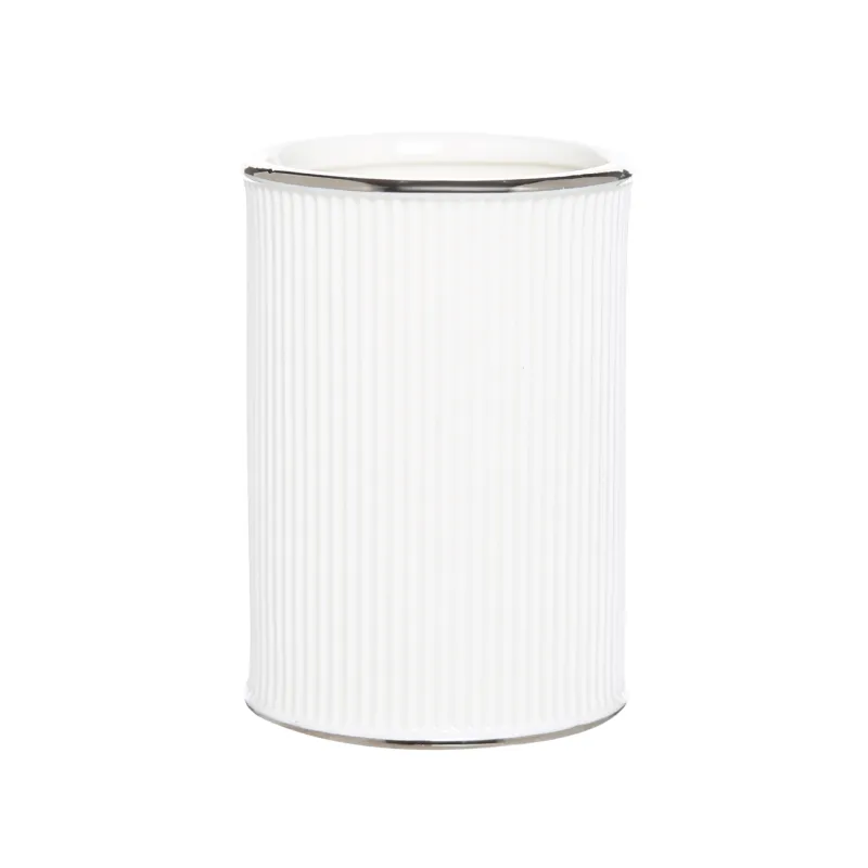 Bathroom glass, 10 cm, ceramic, white, with silver edging, Kaliopa