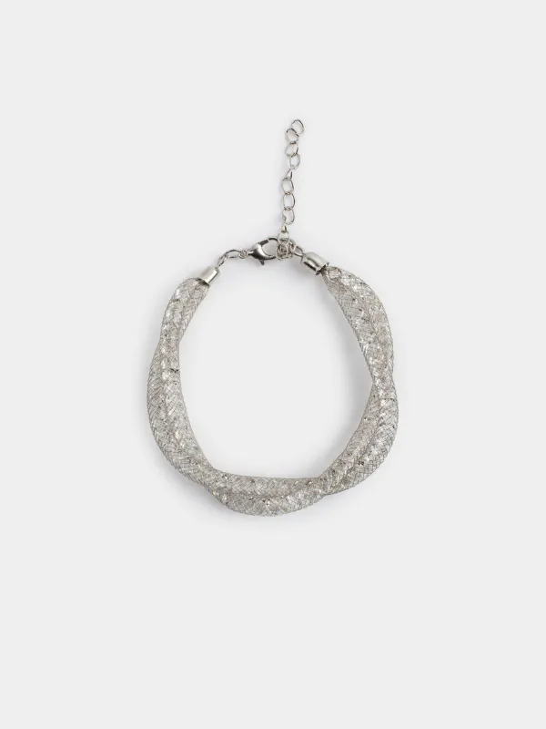 A bracelet, 24 cm, double, metal / rhinestones, silver, Weaving, Jewelry, image-0