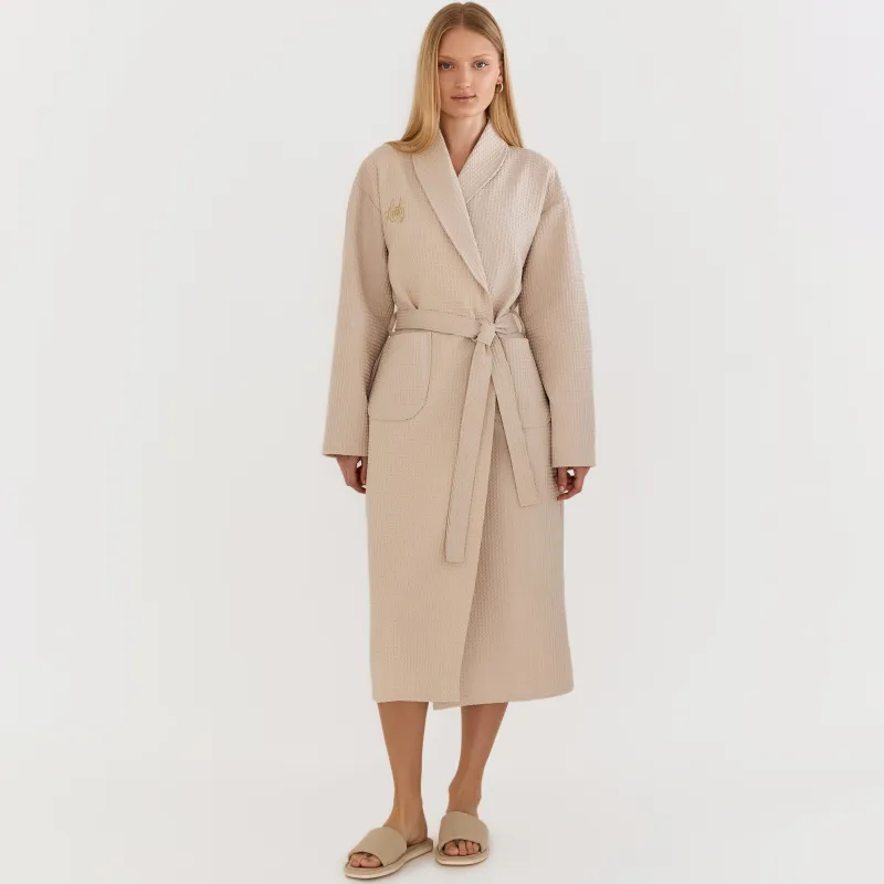 Women's robe, homewear, size L, with long sleeves, waffle, cotton, milky, Lucky, Stefani