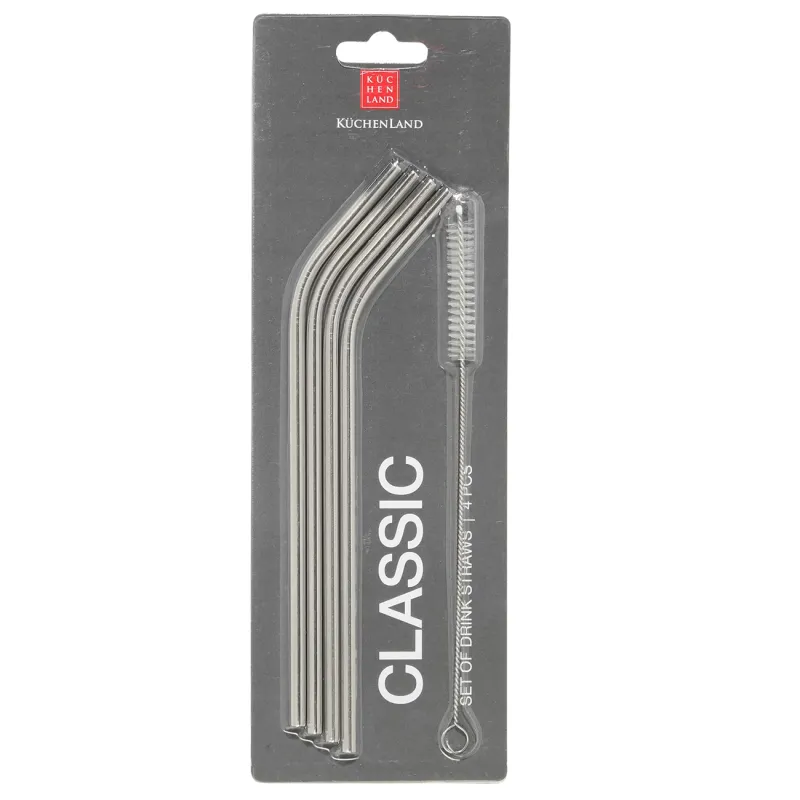 Drinking tube, 21 cm, 4 pcs, with brush, steel, silver, Classic, image-1