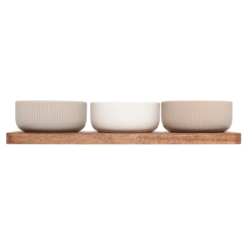 Snack set, 3 pcs, on a stand, ceramic / wood, mix, Ribbed bowls, Noble tree, image-2