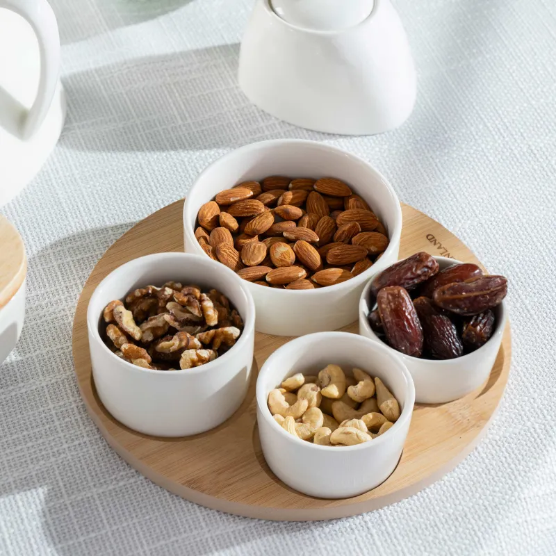Snack set, 4 pcs, on a stand, ceramic / bamboo, white, round bowls, Bamboo, image-4