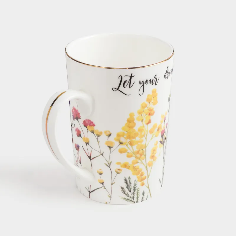 Mug, 450 ml, porcelain F, white, with golden edging, Flowers and mimosa, Flower garden, image-1