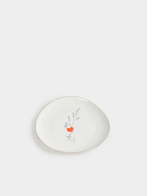 Snack plate, 21 cm, porcelain N, white, with golden edging, wildflowers, Yarrow, image-1