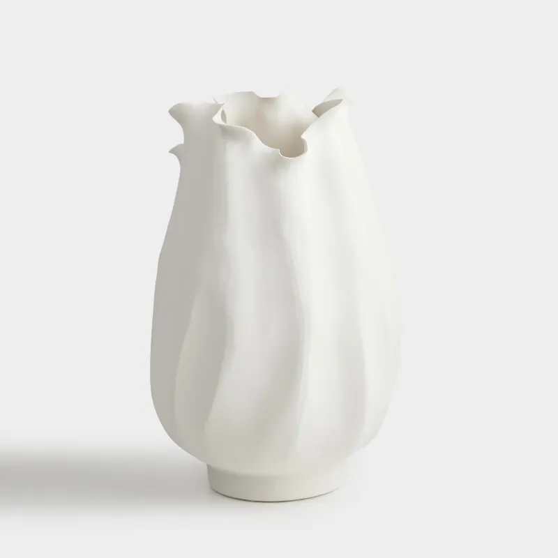 Flower vase, 34 cm, ceramic, milky, Bends, Crumple