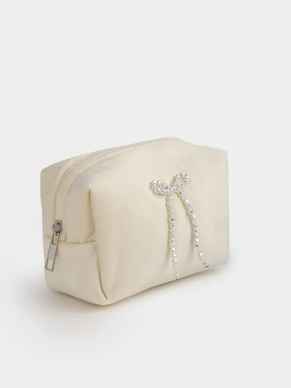 Makeup bag, 15x10 cm, polyester/plastic, milky, Pearl bow, Beauty box, image-1