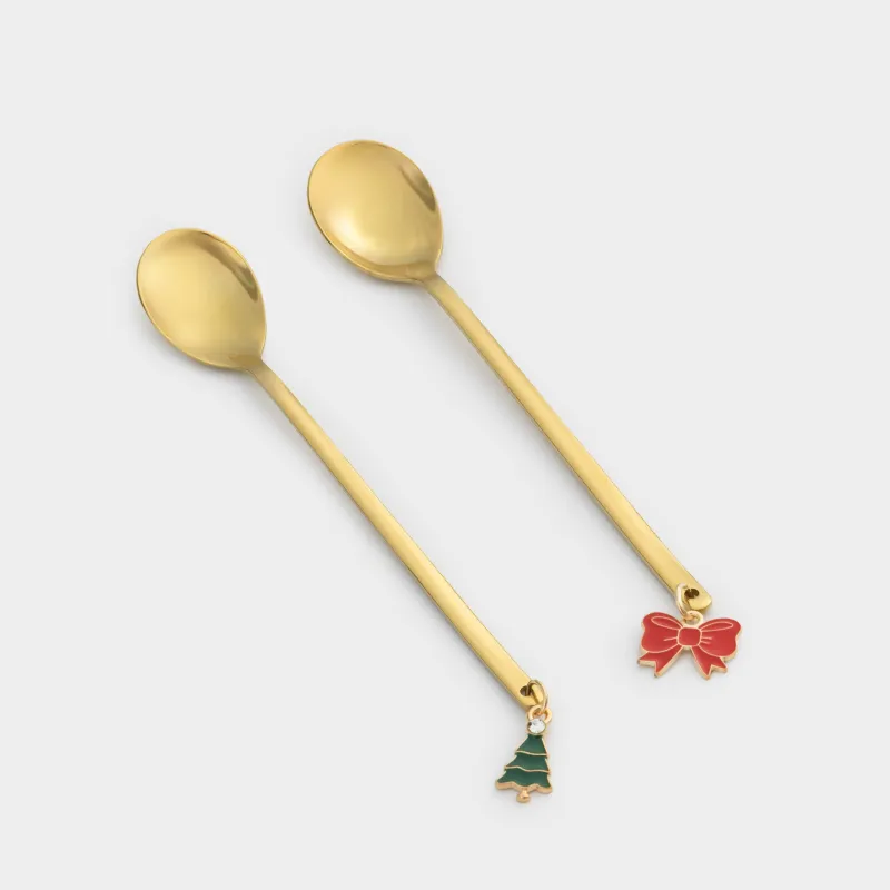 Dessert spoon, 14 cm, 2 pcs, steel, golden, Bow/Christmas tree, Christmas traditions