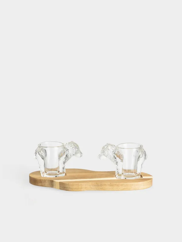 Drinking glass, 40 ml, 2 pcs, on a stand, glass/wood, Bear, Noble tree, image-0