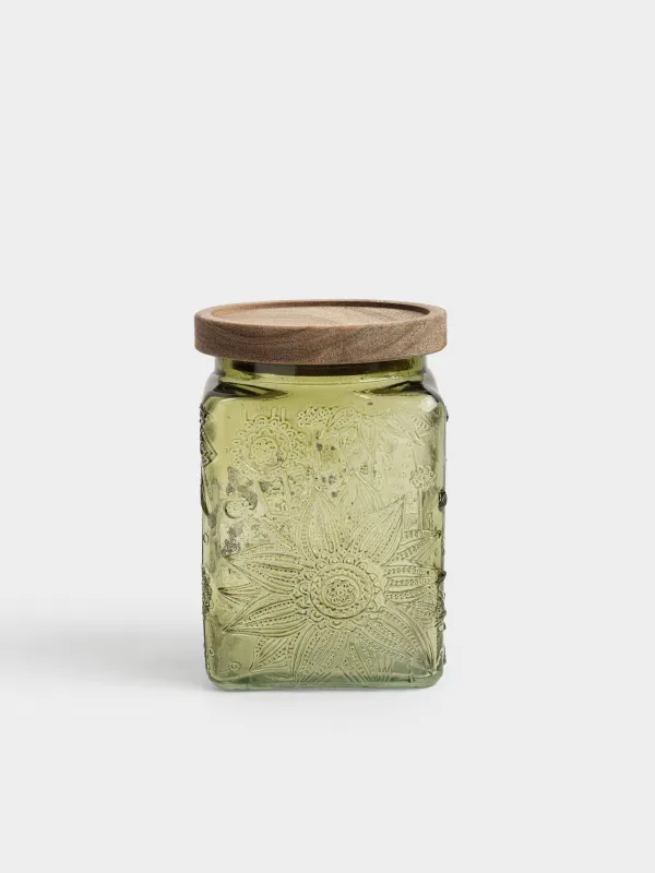 Bulk products jar, 750 ml, glass R / wood, green, Flowers, Bloome wood, image-0