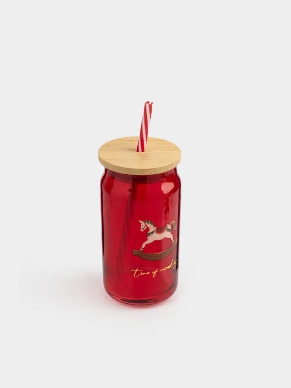 Beverage can, 450 ml, with a lid and a straw, glass, red, Horse, Crystal drink, image-1