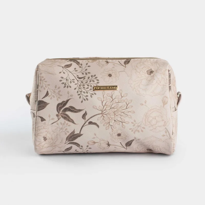 Cosmetic bag, 21x13 cm, polyurethane, beige, Brown flowers, Brown flowers