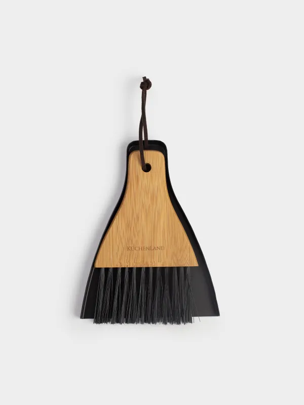 Garbage brush, with dustpan, 17 cm, plastic / bamboo / steel, black, Black clean, image-0