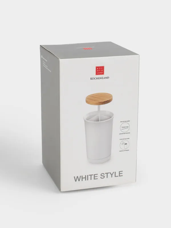 Cotton swab container, 12 cm, plastic / rubber wood, White, White style, image-4