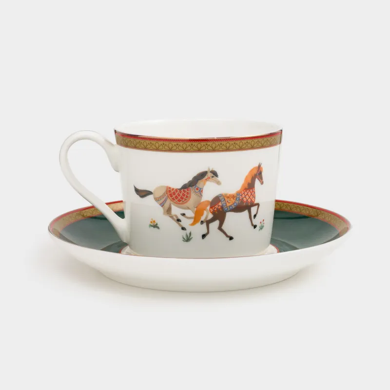 Tea pair, 1 person, 2 items, 260 ml, porcelain F, color, with golden edging, Horses, Blue wind, image-2