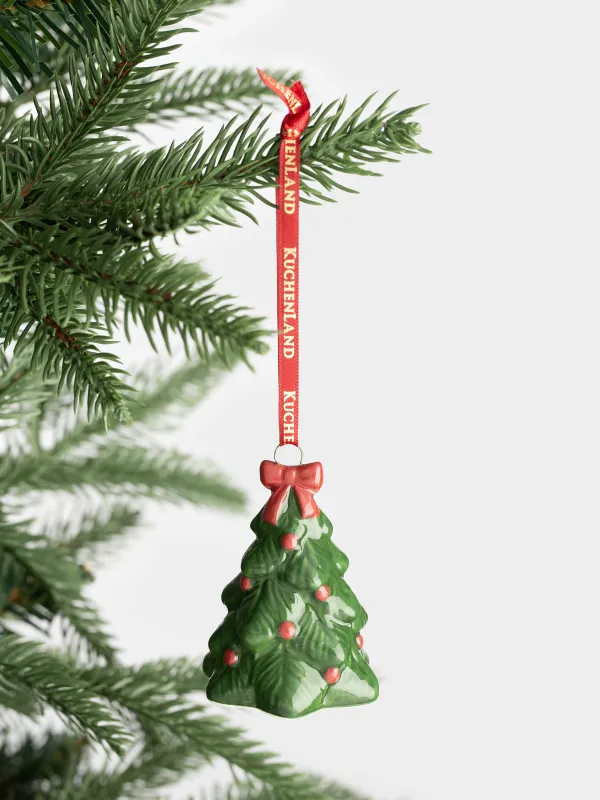 Christmas tree toy, 6 cm, ceramic, green, Fir tree with bow, Figure christmas, image-2