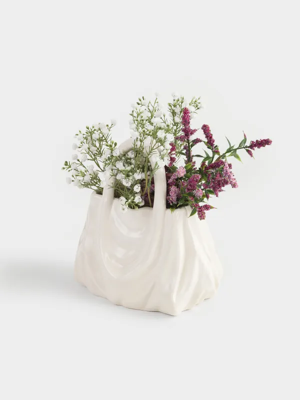 Flower vase, 20x22 cm, decorative, ceramic, milky, Crumpled effect, Bag, Crumple, image-3