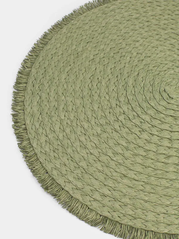 Placemat, 38 cm, fringed, cellulose, round, green, Straw, image-1