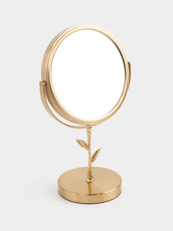 Table mirror, 30x18/15 cm, double-sided, on a leg, metal, round, gold, Freya, image-0