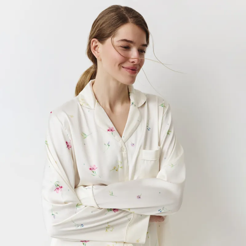 Women's shirt, homewear, size L, with long sleeves, polyester, milky, Flowers, Sevilla