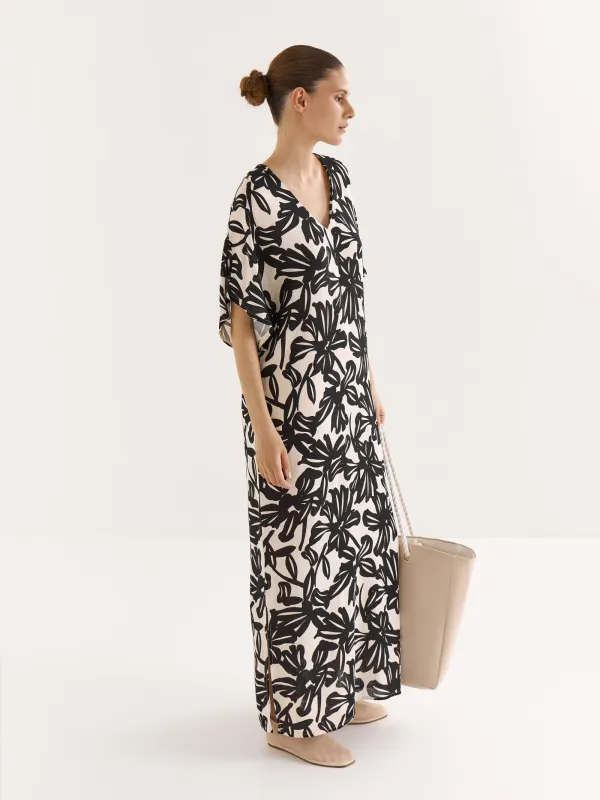 Women's dress, maxi, size S, with short sleeves, viscose, beige-black, Flowers, Almi, image-4