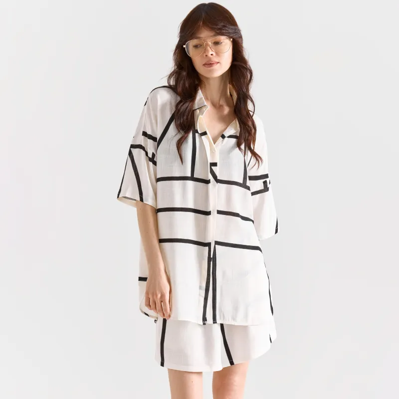 Women's shirt, size L, with short sleeves, viscose, black and white, Lines, Nataly