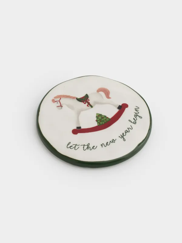 Coaster, 11 cm, round, ceramic / cork, White, Horse, Christmas green, image-1
