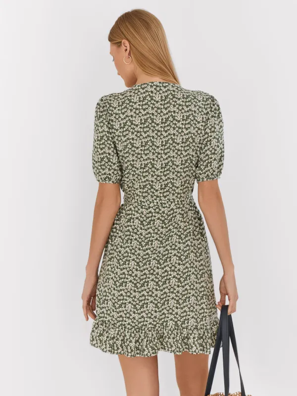 Women's wrap dress, mini, size S, with short sleeves, viscose, blue, Flowers, Marcia, image-6