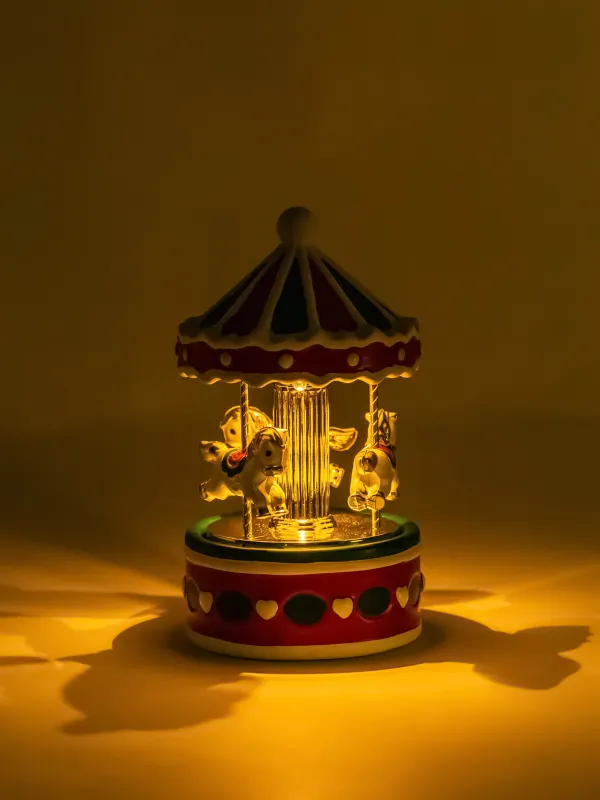 Statuette, musical, 16 cm, illuminated, ceramic, red-green, Carousel, Christmas style, image-4
