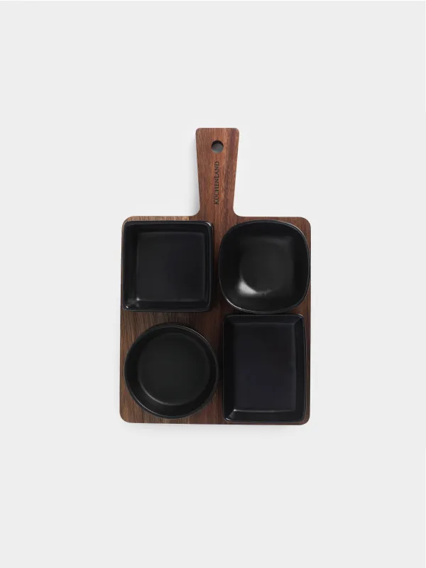 Snack set, 4 items, on a stand, ceramic / wood, black, Shape geometry, Black style , image-3