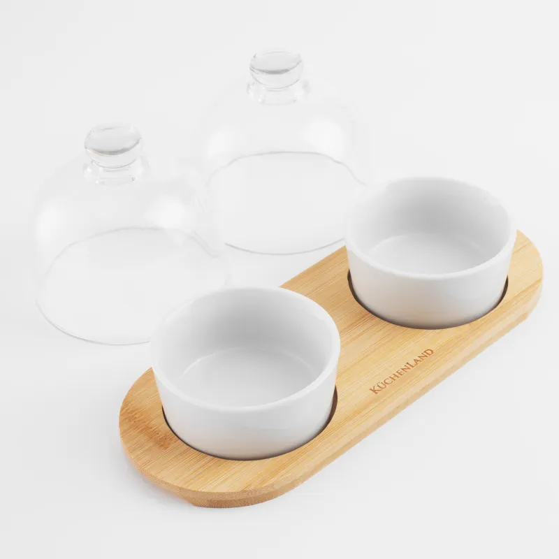Snack set, 4 items, on a stand, ceramic / bamboo, white, Bowls with lid, Bamboo, image-3