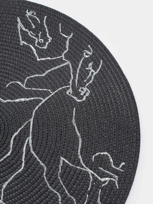 Placemat, 38 cm, polyester, round, dark grey, Horses, Circle embroidery, image-2