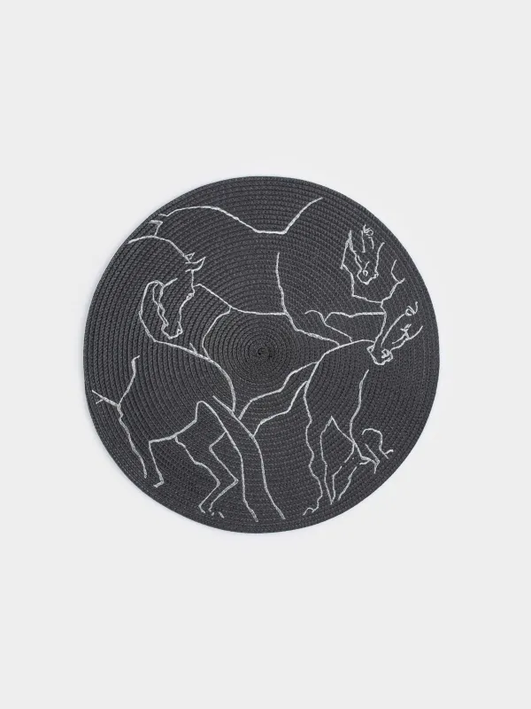 Placemat, 38 cm, polyester, round, dark grey, Horses, Circle embroidery, image-0