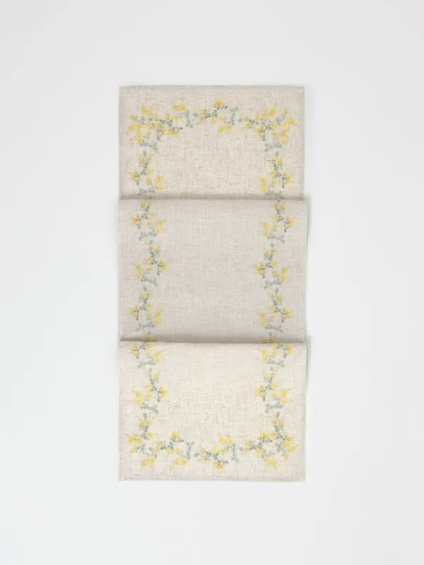 Table runner, 40x160 cm, polyester / linen, beige, Mimosa, Mimosa flowers, image-0