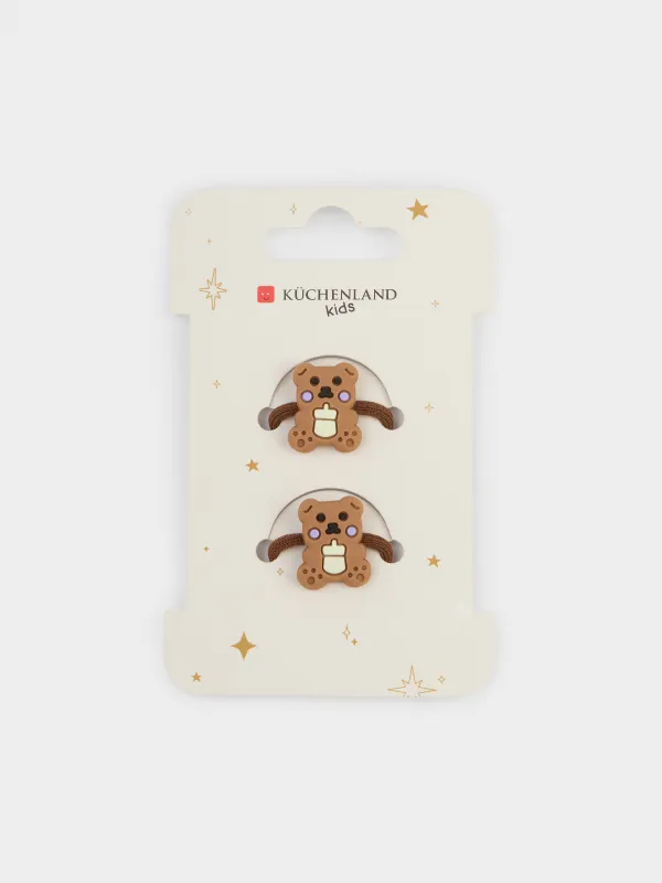 Hair tie, 3 cm, 2 pcs, for children, plastic / polyester, brown, Bear, Gracile, image-2
