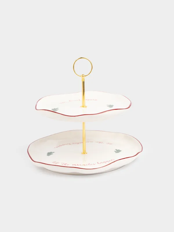 Cake stand, 25x21 / 26 cm, 2 tiers, ceramic / metal, Christmas tree and horse, Christmas tree, image-0