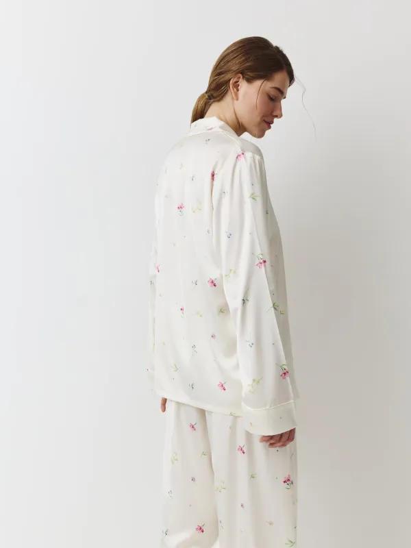 Women's shirt, homewear, size L, with long sleeves, polyester, milky, Flowers, Sevilla, image-3