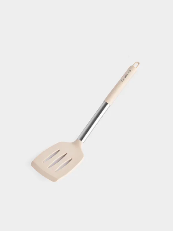 Spatula, 34 cm, with slits, silicone / steel, grey-beige, Metallic, image-2