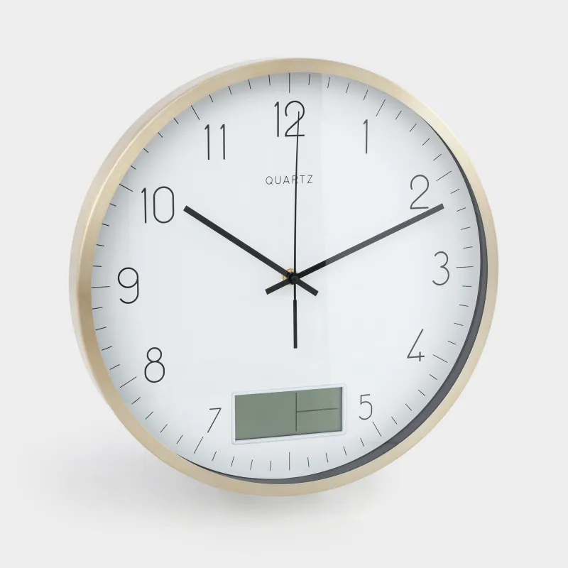 Wall clock, 35 cm, with display, metal / glass, round, golden white, Dial, image-2