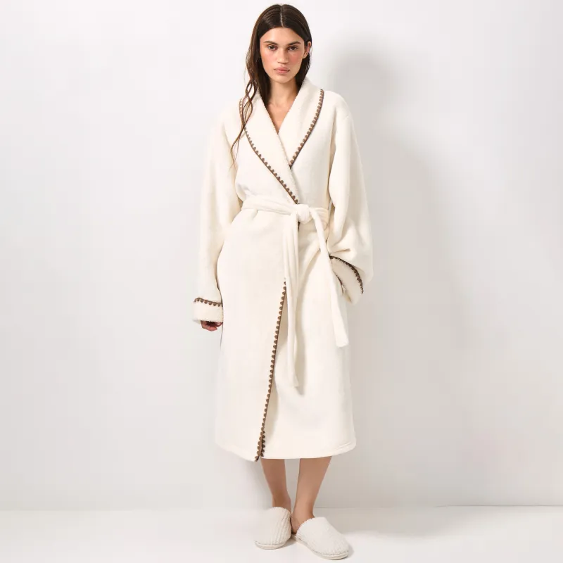 Women's robe, homewear, size L / XL, with long sleeve, boucle/flannel, milky, Curly