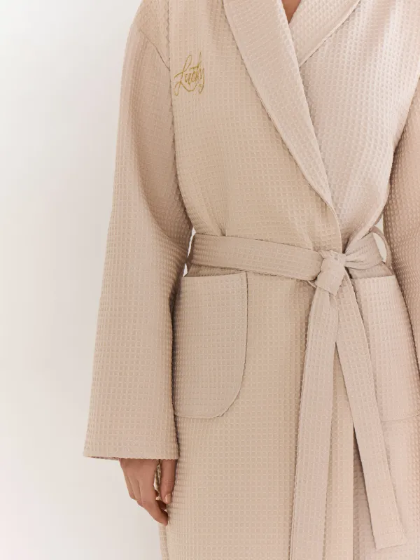 Women's robe, homewear, size S, with long sleeves, waffle, cotton, milky, Lucky, Stefani, image-3