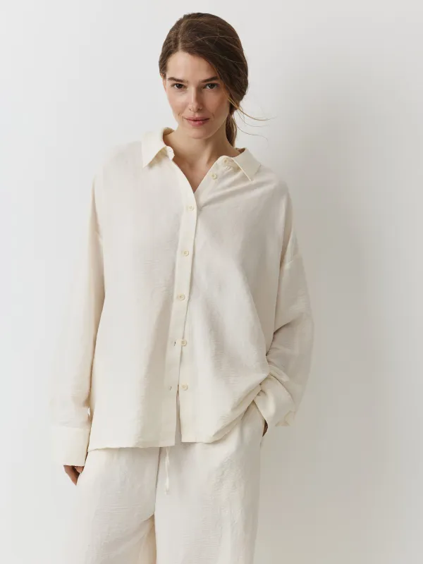 Women's shirt, homewear, size L, with long sleeves, polyester, milky, Marlla, image-2