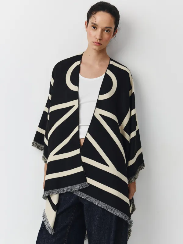 Poncho, 130x160 cm, with fringe, double-sided, viscose / polyester, milky black, poncho, image-2