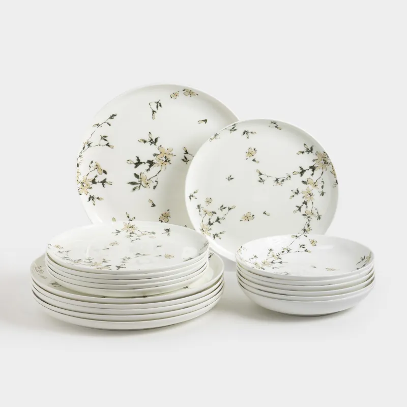 Dining set, 6 persons, 18 items, porcelain F, white, Flowers, Florin