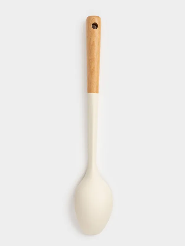 Serving spoon, 32 cm, silicone/wood, milky, Legerity, image-1